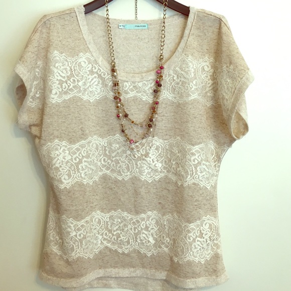 Beige with brown specks and lace patterned top!