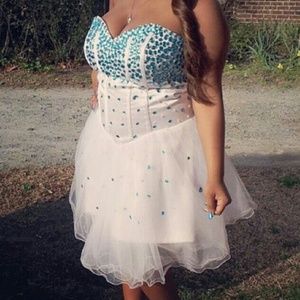 White with Teal Rhinestones Prom Dress