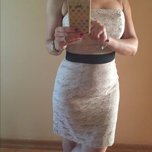 Strapless lace dress.