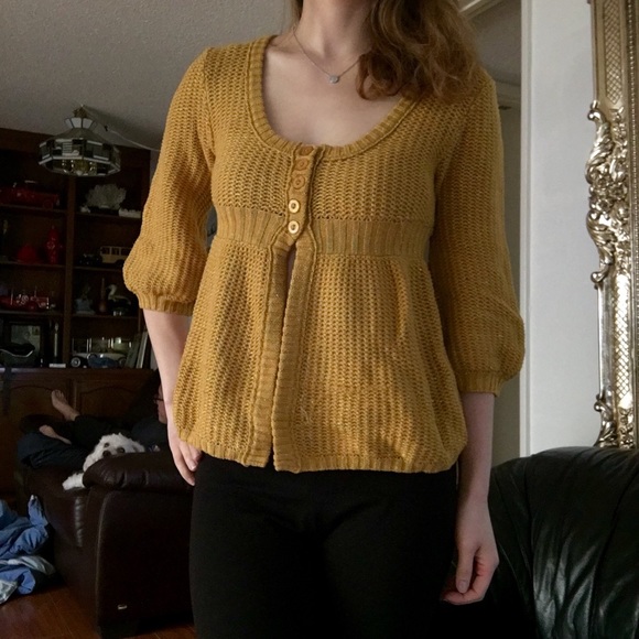 Mustard Shimmery Yellow Knit Button Top. Small.