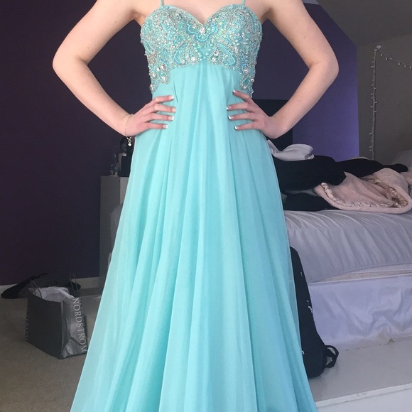 Teal Blue Rhinestone Sherri Hill Prom Gown