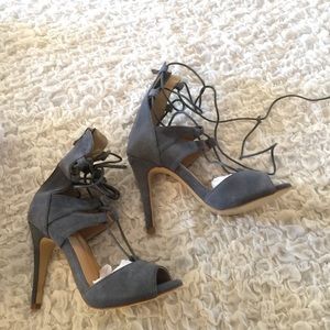 Gray suede lace up sandal heels