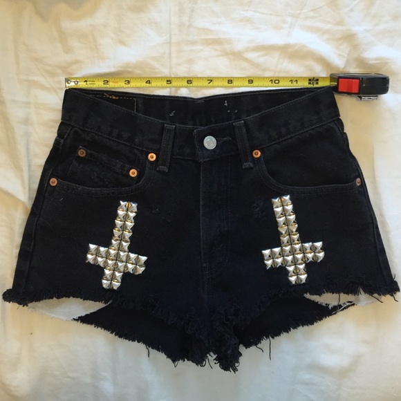 Coachella Levi black rip denim stud shorts