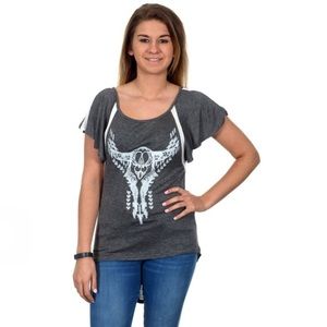 Women's fashion top features a unique long tail