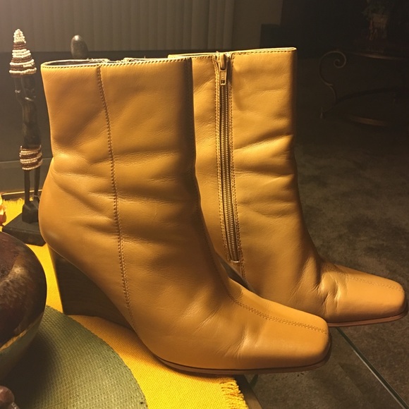 Camel leather wedge boots