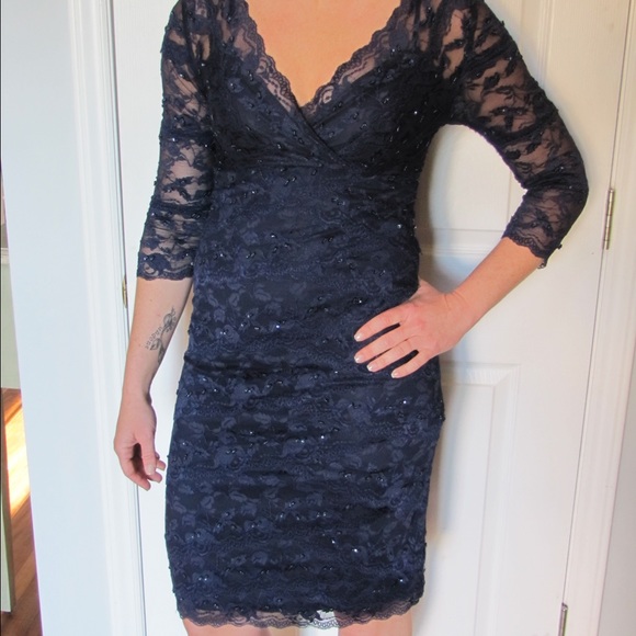 Navy Beaded Lace Cocktail Dress