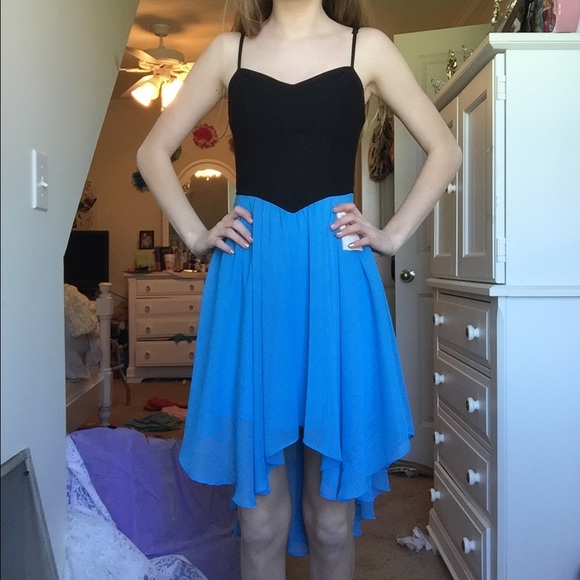 blue/black high low dress with tags.