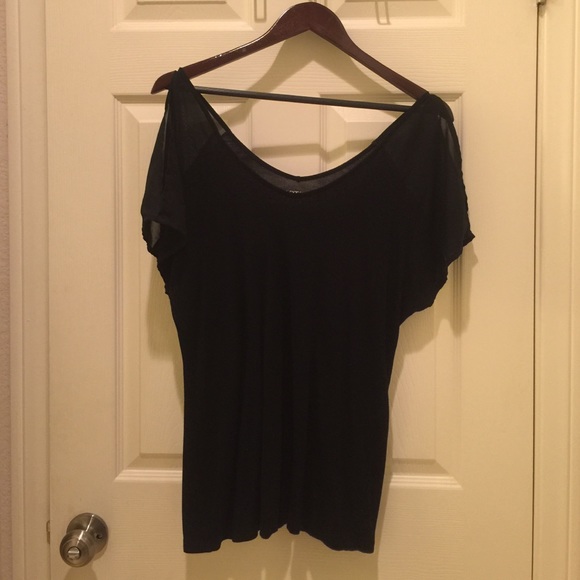 Black silky cold shoulder blouse.