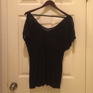 Black silky cold shoulder blouse.