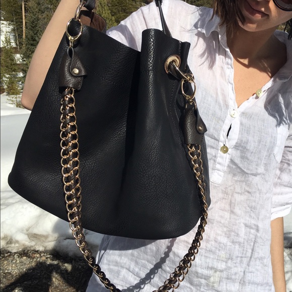 Black Leather Bag with Chain Strap