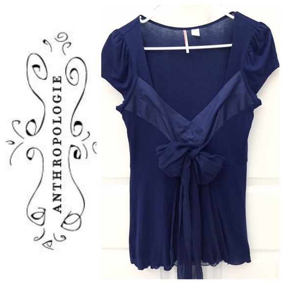 Anthropologie Navy Blue Silk Bow Trim Top