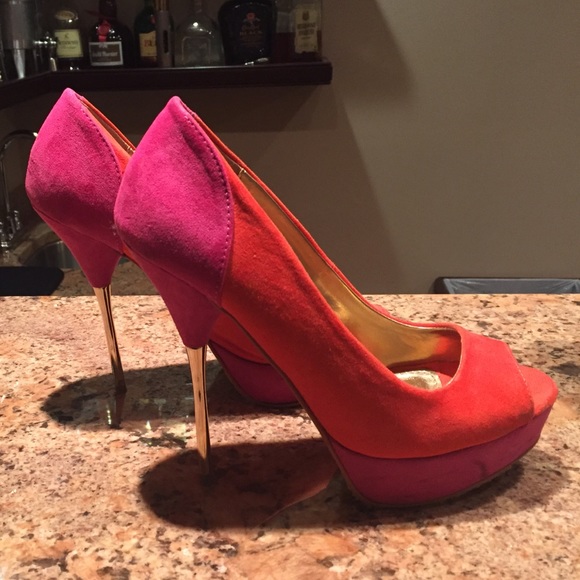 Coral and Pink Express pumps with gold heel