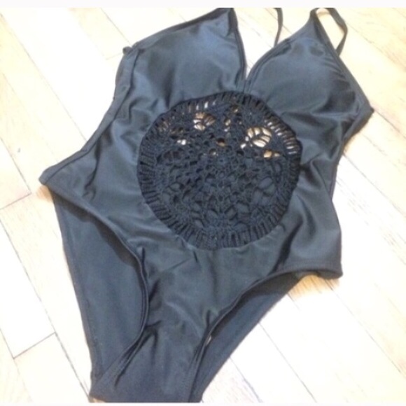 Black One Piece Crochet Cutout Swimsuit - Picture 2 of 3