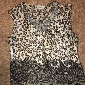 Patterned silk top with pearl neckline & ruffle