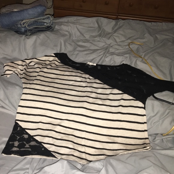 Beige and black striped shirt with lace detail