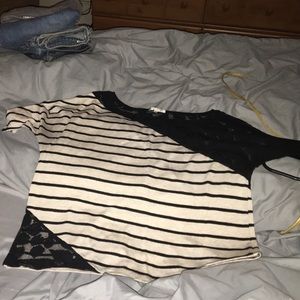 Beige and black striped shirt with lace detail