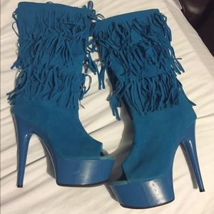 Turquoise platform fringe boots