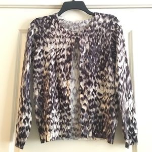 J. Crew sweater. Print is purple, grey and cream.