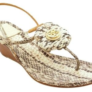 Shelby Flower Thong Wedge Snakeskin Sandals