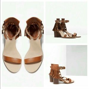 Zara Fringed Block Heel Leather Sandals