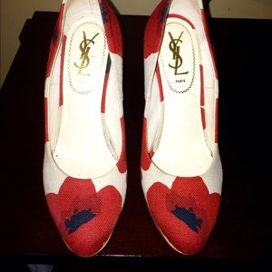 YSL WEDGES RED FLOWERS, WOOD PLATFORM