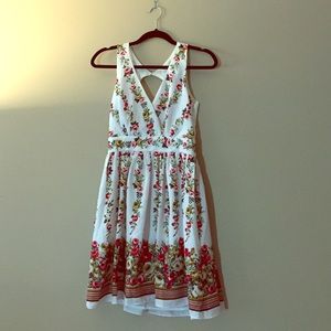 White Floral Print Open Back Dress