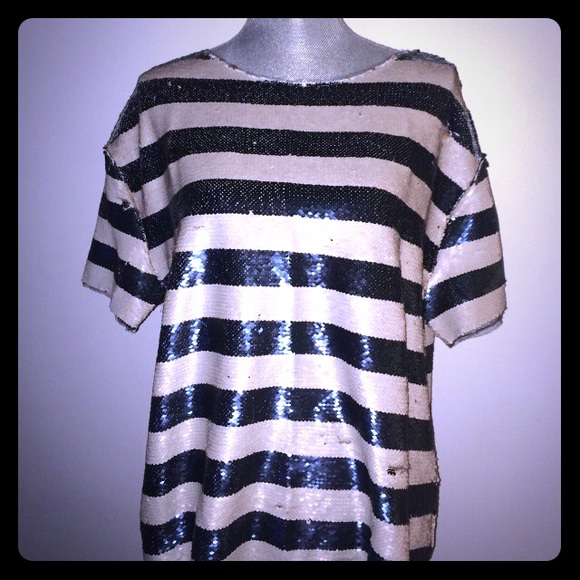 Navy & Pearl Striped Sequin Tshirt - Picture 1 of 1