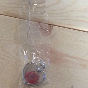 Silver necklace with red flower in heart