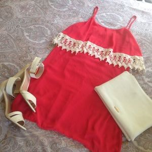 Red mini with cream crochet detail. Beautiful!