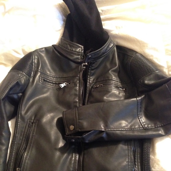 Leather jacket with a hoodie for men