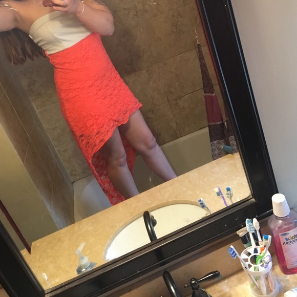 Orange and white strapless dress