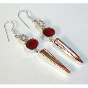 3-1/4" Biwa Pearl & Garnet & Peach Quartz Earrings