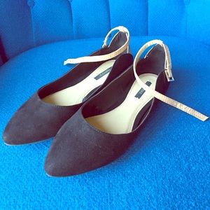 Ankle Strap Pointed Black Flats