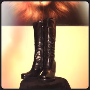 Black faux soft leather stretch calf boots w/heel
