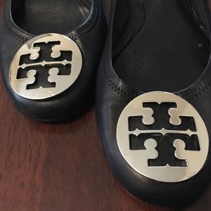 Black leather Tory Burch flats w/ silver hardwear