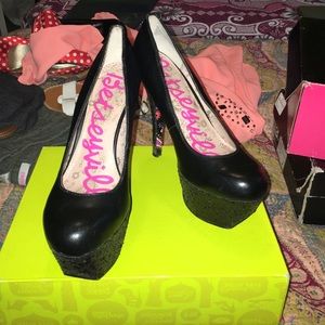 black heels with black glitter