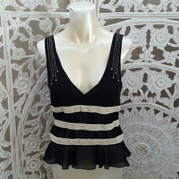 MAX STUDIO black silk cream laced tank top 8