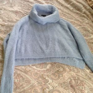 Baby blue fluffy knit crop sweater with cowl neck