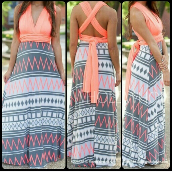 Coral and gray maxi dress