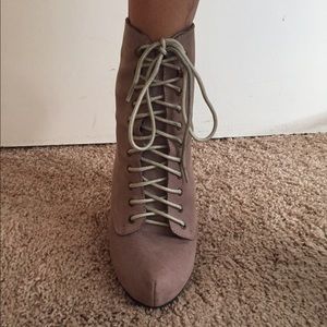Taupe suede lace up booties-heels