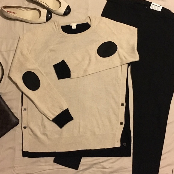 J. Crew Cream & Black Sweater with Elbow Patches