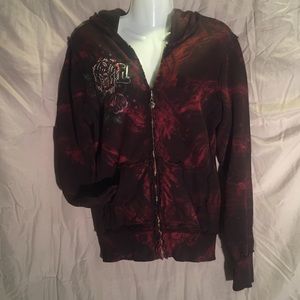 Dark red Sinful jacket with guns and roses design