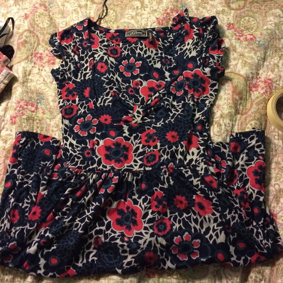 Red and tan dress with a waist tie