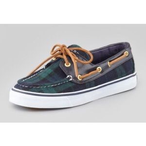 Green/blue tartan sperries