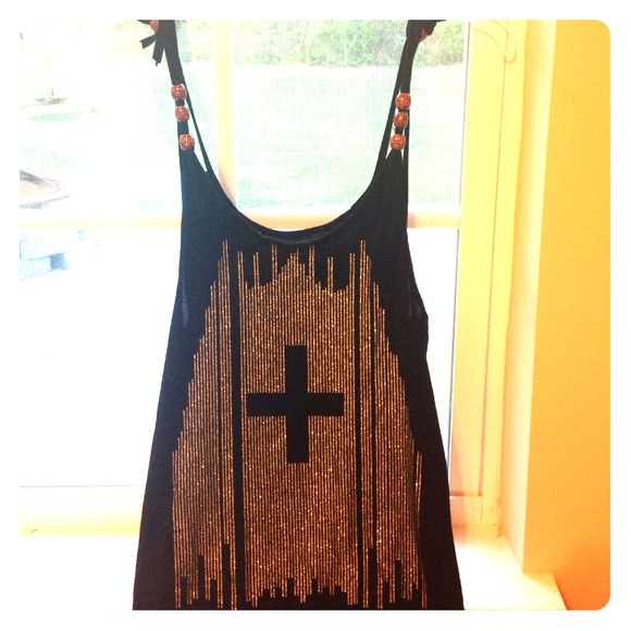 Black beaded tank with silver design.