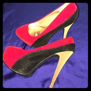 Qupid red, black & tan platform heels, size 9. New