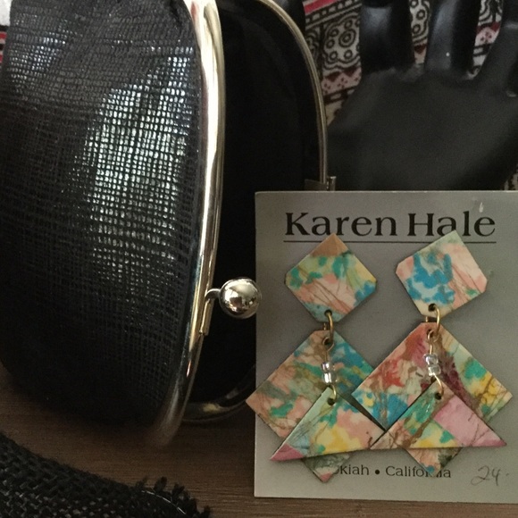 Accessories - Karen Hale art to wear earrings & black bag.