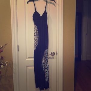 black spaghetti strap white tie-dye maxi dress
