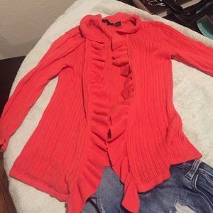 Coral ruffle cardigan sweater