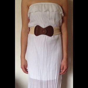 Trixxi White Maxi Dress with Tan Belt.